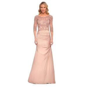 La Femme Lace Appliqué Satin‎ Formal Gown Champagne Blush 18
